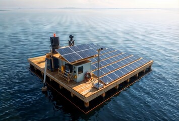 Floating Solar Station. Wooden platform with solar panels and monitoring equipment on calm water, showcasing innovative off-shore solar energy solutions.