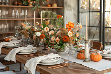 Beautiful tablescape setup for thanksgiving day in restaurant.
