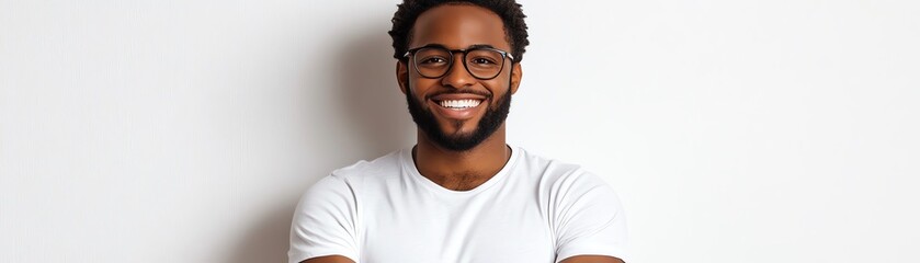 Obraz premium A joyful man in glasses smiles confidently while standing against a plain background, embodying positivity and warmth.