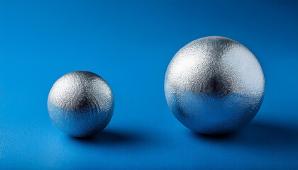 Two silver balls on blue background. Metallic sphere.