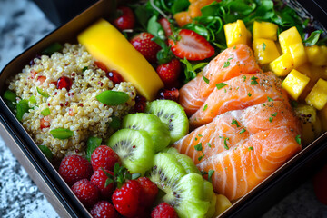 Elegant presentation of a gourmet lunchbox with smoked salmon, a quinoa salad, and a fresh fruit parfait.