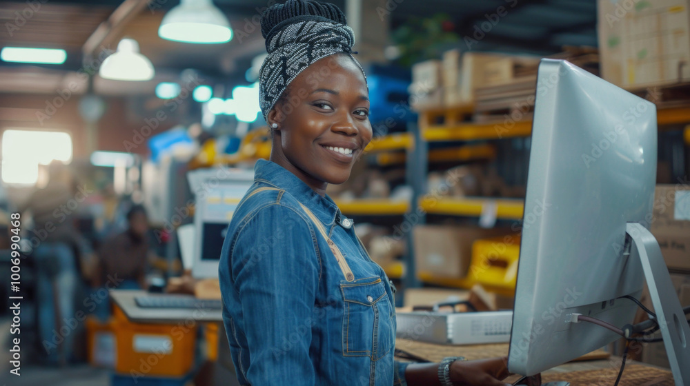 Poster a woman is smiling and working at a computer in a warehouse