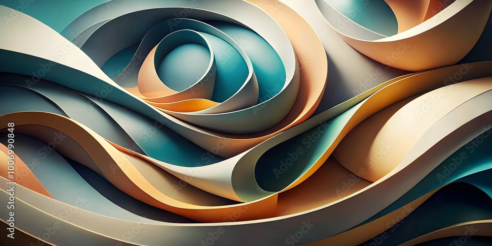 Poster abstract whirlwind of color: teal, beige, and cream paper ribbons intertwine in a mesmerizing 3d dig