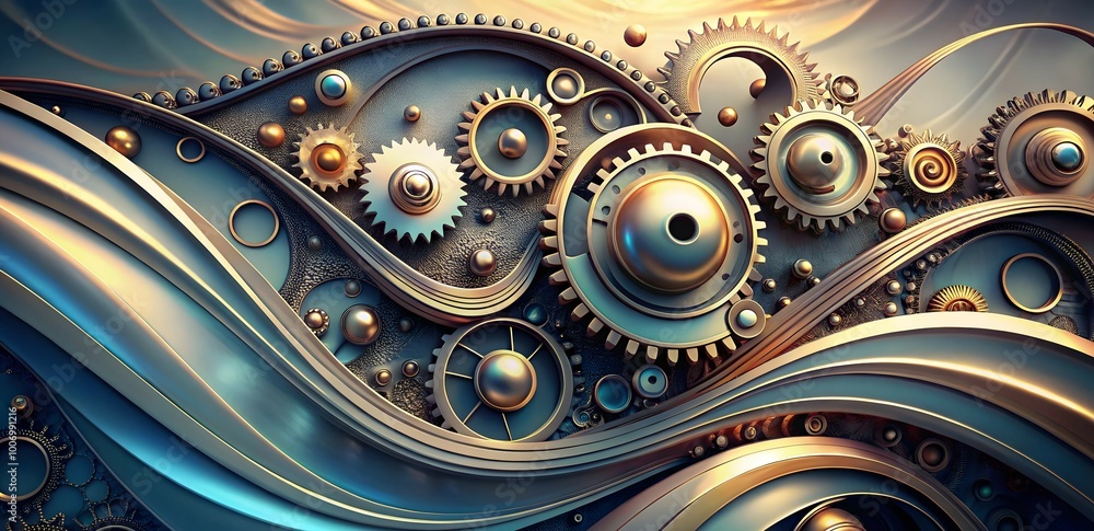 Poster interlocking gears: a mesmerizing abstract composition featuring a symphony of metallic gears, each 