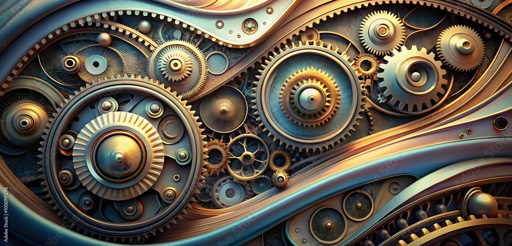 Poster interlocking gears: a mesmerizing close-up of intricate, metallic gears intermeshing in a rhythmic d