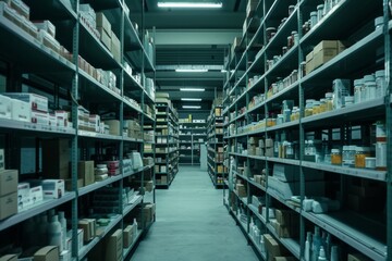 Pharmaceutical warehouse with organized shelves and neatly arranged medication