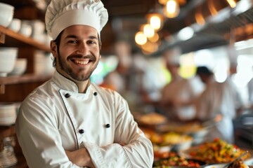 Portrait of a smiling chef in busy restaurant