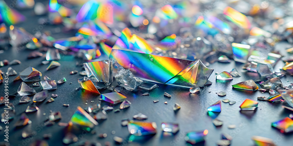 Poster shattered prism: a symphony of color explodes from broken glass, casting a mesmerizing rainbow of li