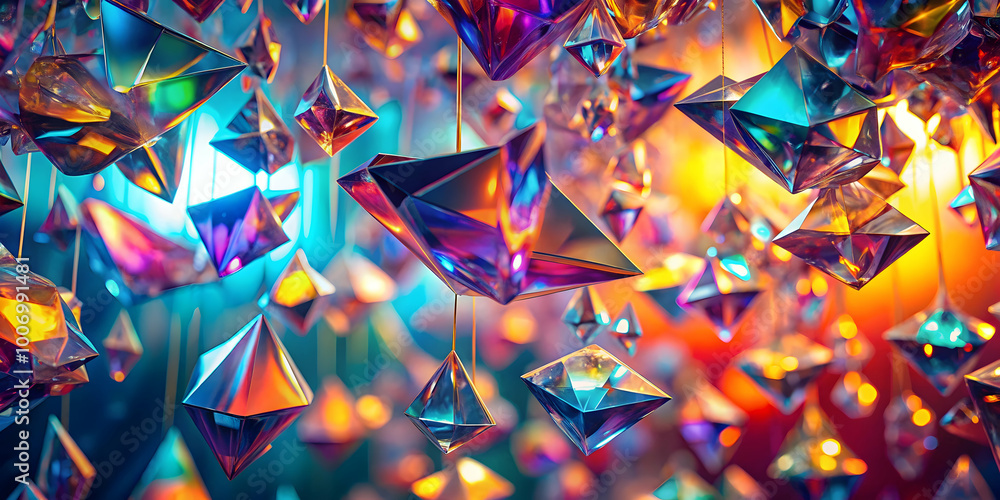 Poster chromatic crystal cascade: a mesmerizing array of iridescent, geometric crystals hangs suspended, cr