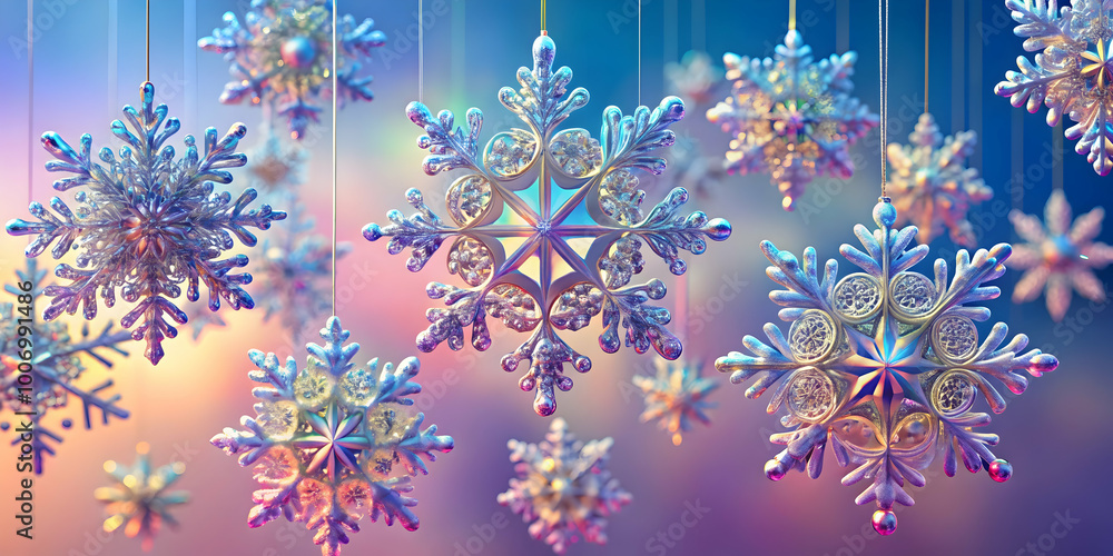 Poster sparkling snowflake symphony: a mesmerizing display of iridescent snowflakes, each intricately desig
