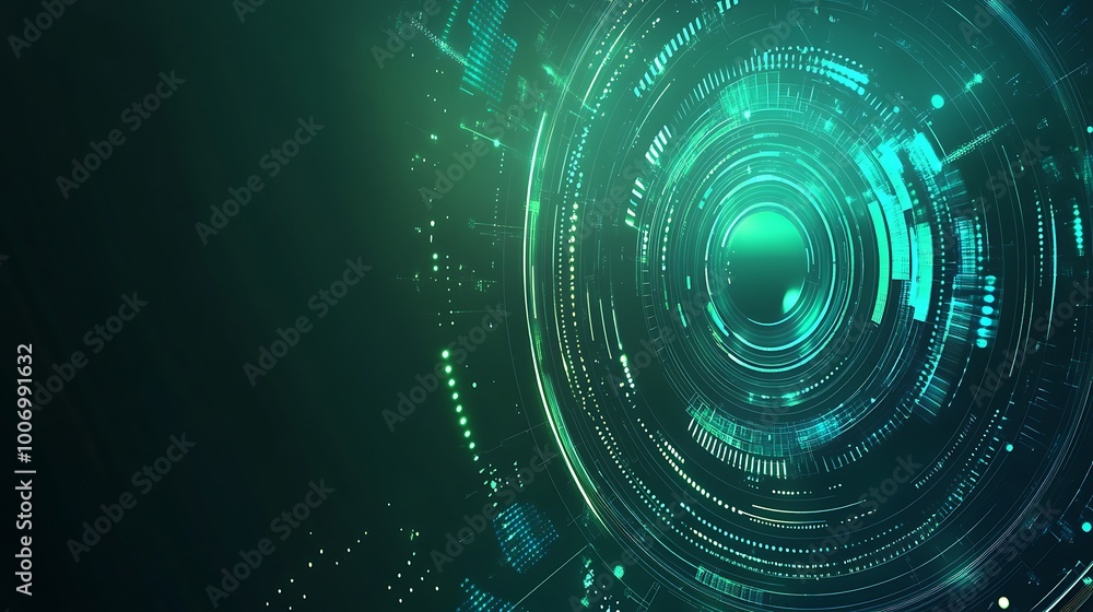 Poster abstract digital technology background with glowing green and blue circles and lines on dark backgro