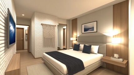 Fototapeta premium This boho-style bedroom features a stylish bed adorned with pillows and blankets, complemented by natural light, soft colors, and decorative macrame for a cozy vibe