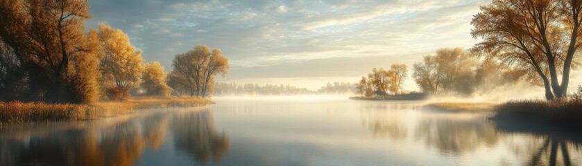 As the fog gently rises over the serene water landscape, the autumn trees create a magical ambiance in nature's misty embrace.