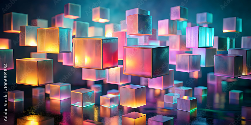 Poster floating cubes in neon light: a mesmerizing abstract composition of glowing, translucent cubes suspe