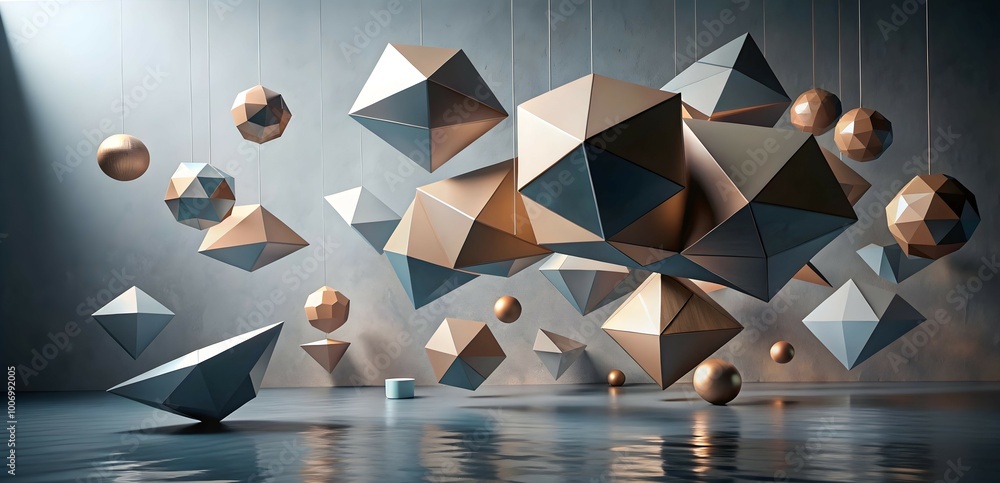 Poster floating geometry: abstract 3d render of metallic and stone polyhedra