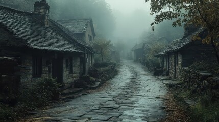 Naklejka premium Fog envelops the cobblestone street, village cottages, and picturesque rural life in mist, creating a serene and mysterious atmosphere.