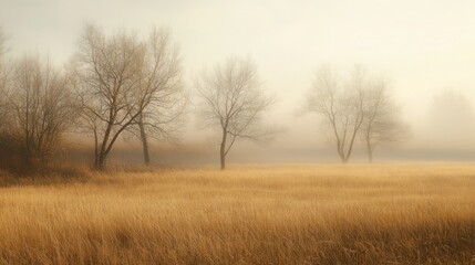 Fototapeta premium A serene autumn scene enveloped in mist, featuring bare trees and a field of golden grass under a soft, diffused light.