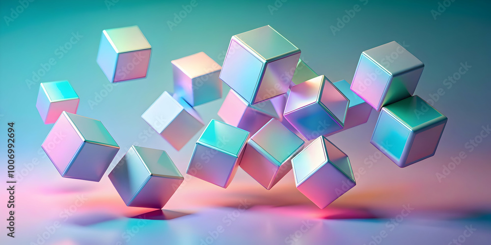 Poster floating in the abstract: a cluster of iridescent cubes, suspended in a vibrant gradient backdrop, c