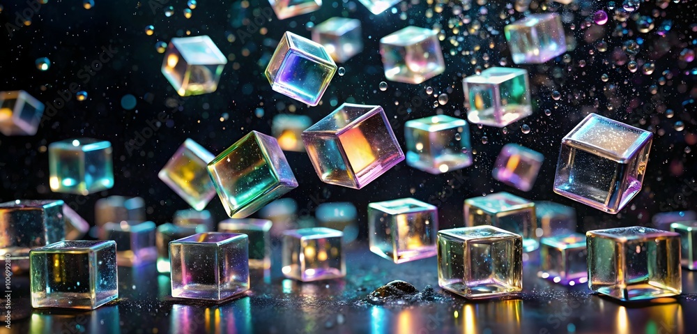 Poster rainbow crystal cubes cascade: iridescent glass cubes rain down in a dynamic, vibrant display agains
