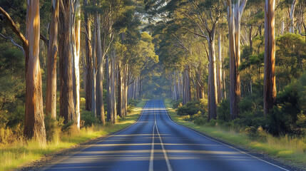 Fototapeta premium Road Lined with Tall Eucalyptus Trees Forming a Green Archway