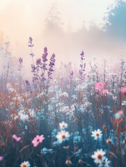 Naklejka premium Fog drifting over a field of tall wildflowers, fog in nature, peaceful natural scene bathed in soft mist