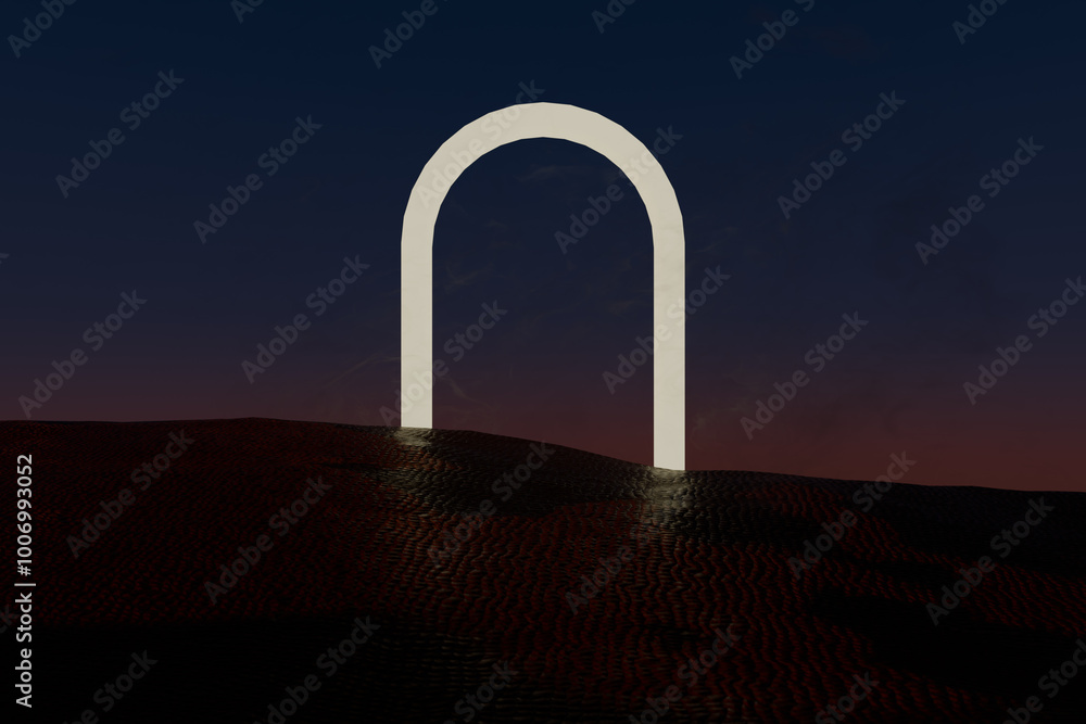 Poster a glowing arch stands against a twilight sky, creating a serene and modern landscape. 3d rendering