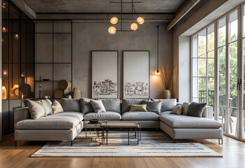 Rustic interior design of modern living room with grey sofas.