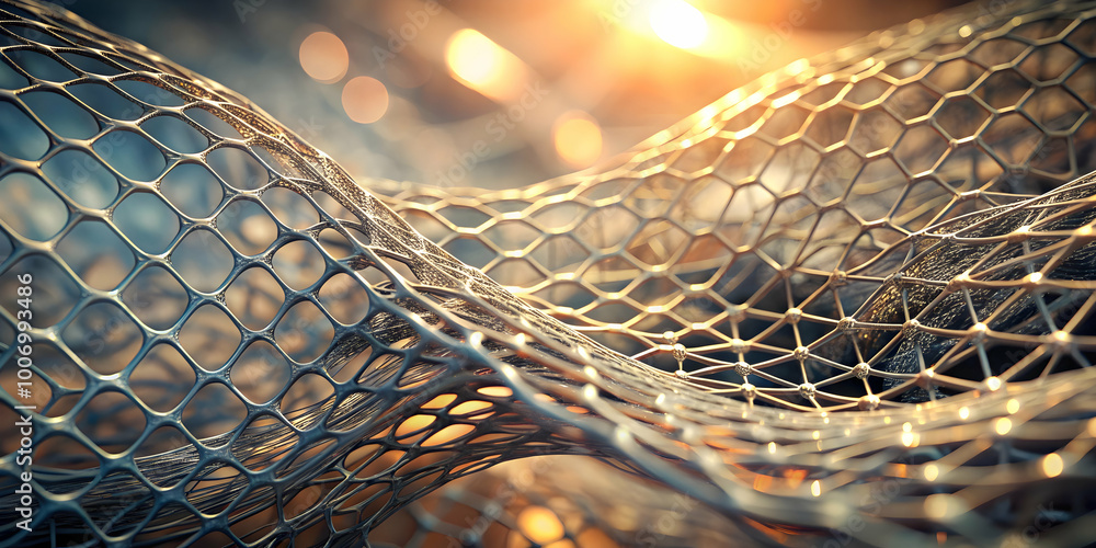 Poster golden mesh network: abstract 3d rendering of a metallic grid, undulating in a dynamic, wave-like pa