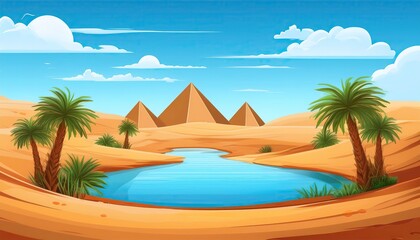 Obraz premium arabian desert oasis with tropical lake. Vector cartoon illustration of sunny scenery with sandy dunes and pyramids on horizon, green grass and palm trees around blue water, fluffy clouds in sky
