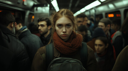 a Woman on a Crowded Subway Full of People
