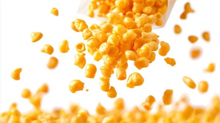 Floating kernels of popcorn rain down against a white background evoking a sense of fun and excitement during a movie night