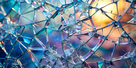 Shattered Glass Abstract: A close-up abstract view of shattered glass reflecting the colors of the setting sun. The intricate pattern of cracks and shards creates a mesmerizing visual effect.