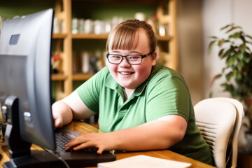 Young woman with Down syndrome working in office of small business, looking joyful and smiling. Happy woman with intellectual disability working as office or sales assistant saleswoman