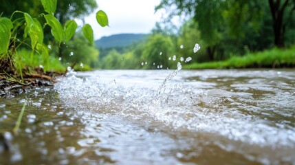 Fototapeta premium Serene Flowing Stream Amid Lush Greenery in Tranquil Forest Landscape