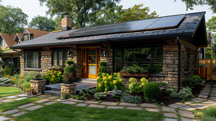 Fototapeta premium Cozy home with solar roof and meticulous garden.Stone house with a solar panel roof, surrounded by a well-kept garden, showcasing sustainability integration in an urban setting.