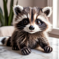 Obraz premium A faux fur Raccoon toy sitting on a marble table