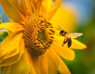 macro shot of a bee flying towards a sunflower