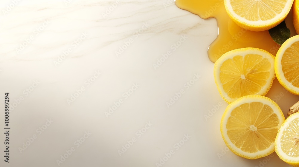 Aufkleber slices of fresh lemon and ginger are elegantly arranged in a circular pattern, enhanced by a drizzle
