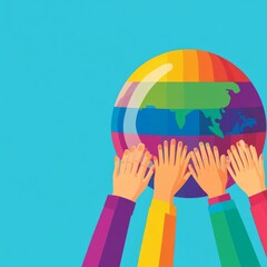 LGBTQ activists holding hands around a globe, concept of global inclusivity and unity