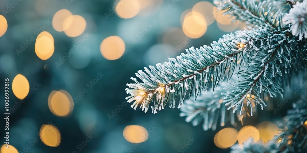 Poster snowy fir branch on blurred background with bokeh