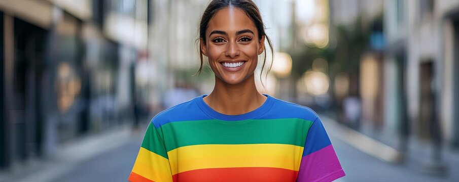 LGBTQ ally wearing a rainbow T-shirt, confident expression, concept of support and solidarity, urban backdrop