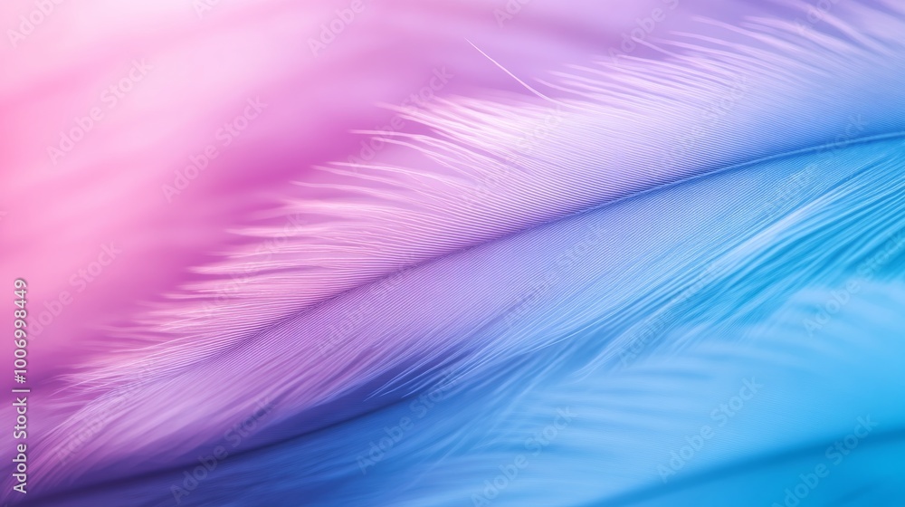 Poster delicate bird feathers display a stunning gradient from deep turquoise to soft lilac, highlighting t