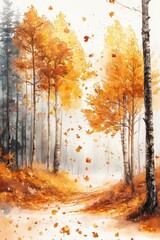 Fototapeta premium autumn forest illustration, watercolor illustration of a foggy forest in autumn, with trees shedding golden leaves, creating a dreamy background