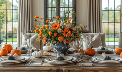 Fancy tablescape for thanksgiving day celebration.
