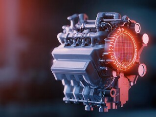 Futuristic internal combustion engine with real-time holograms showing energy output and environmental impact, future engines, eco-innovation