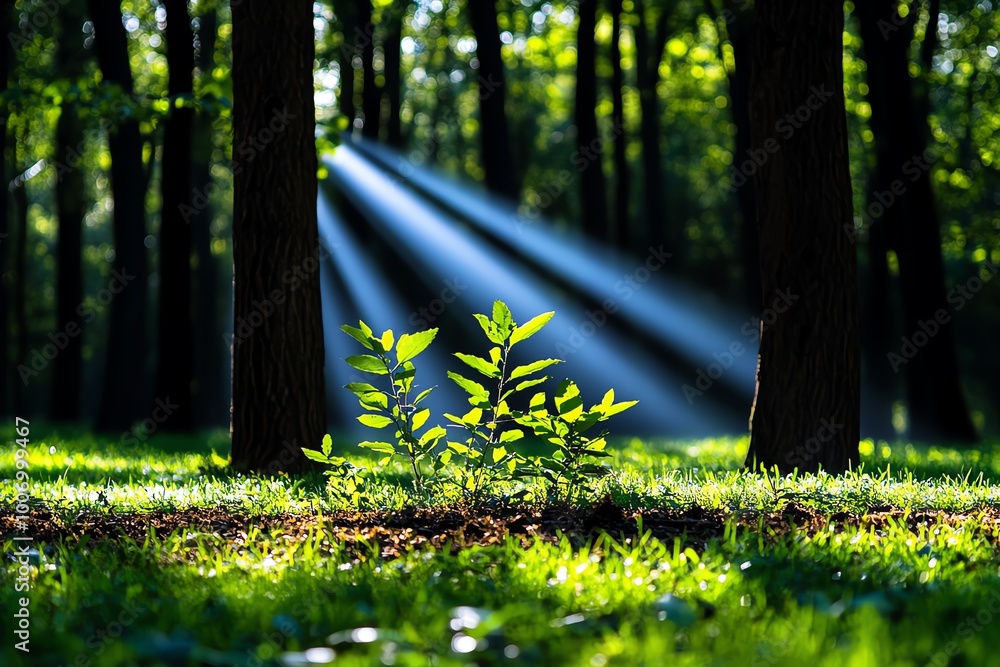 Poster a tranquil forest scene with sunlight filtering through the trees, highlighting the serenity and bea