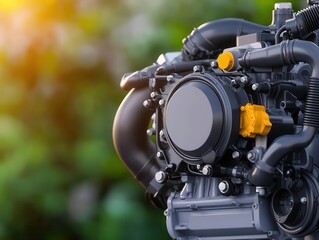 Fototapeta premium Combustion engine with hybrid technology components visualized, combining both power sources, hybrid engines, energy efficiency