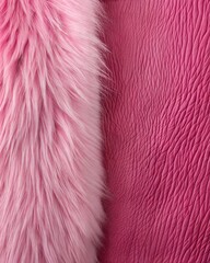 Fototapeta premium Soft pink faux fur contrasts with smooth pink leather, highlighting a blend of textures perfect for stylish applications in fashion and interior design projects. Generative AI