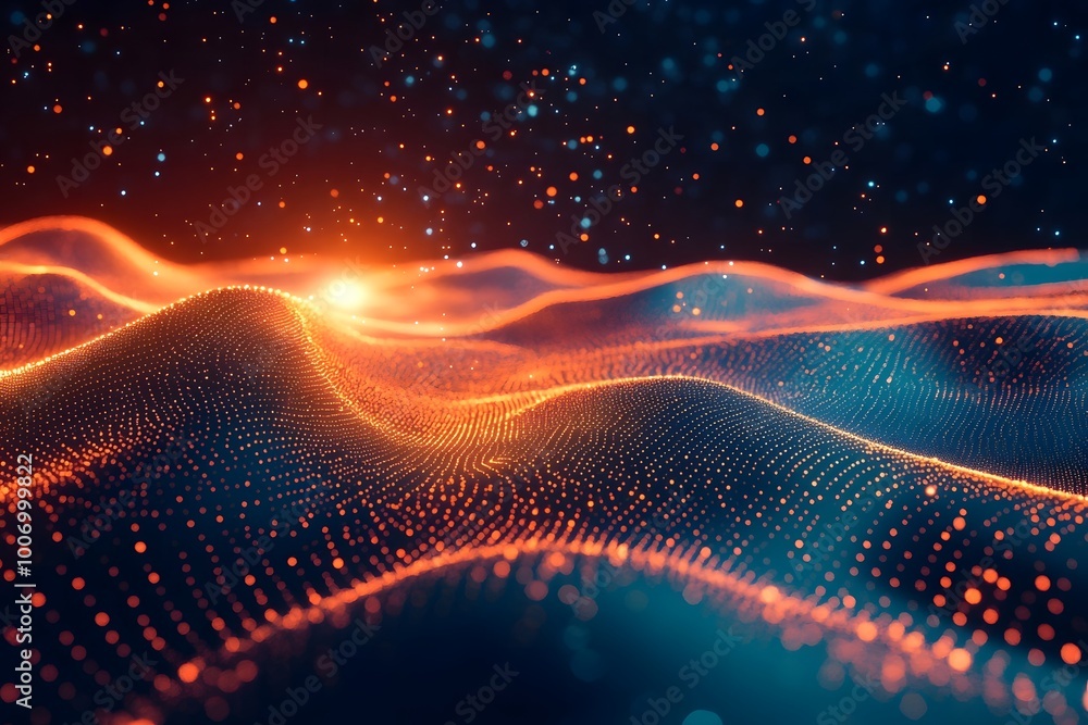 Poster abstract glowing dots and lines creating a digital landscape. generative ai.