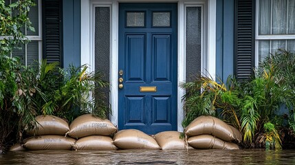 Flood protection measures with sandbags at a residential doorstep during heavy rainfall in a suburban neighborhood